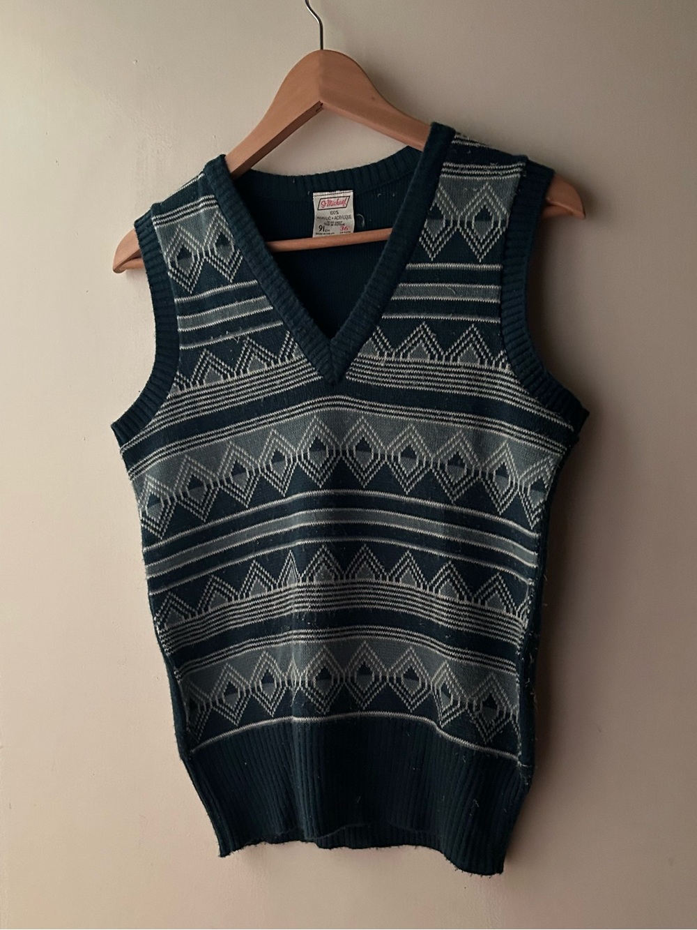 St Michael 80s Classic V-Neck Patterned Sweater Vest - Dark Teal & Cream